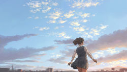 Rule 34 | 1girl, brown hair, city, clothes lift, cloud, day, female focus, from behind, highres, original, outdoors, ponytail, power lines, school uniform, skirt, skirt lift, sky, skyline, solo, tnt (aaaazzzz), uniform