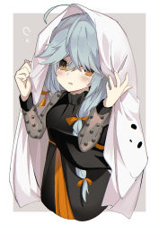 Rule 34 | 1girl, absurdres, ahoge, black dress, border, braid, brown eyes, dress, fathom, ghost costume, grey hair, hair between eyes, halloween, halloween costume, hamanami (kancolle), highres, kantai collection, long hair, long sleeves, official alternate costume, single braid, solo, upper body, white border