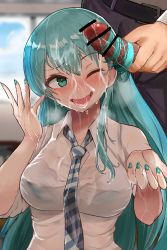Rule 34 | 1boy, 1girl, absurdres, akizuki shigure, alternate costume, aqua hair, between breasts, black neckwear, black pants, blush, breasts, collared shirt, cum, cum on clothes, cum on hair, day, eyelashes, facial, green eyes, hairjob, heart, hetero, highres, indoors, kantai collection, large breasts, long hair, necktie, one eye closed, open mouth, pants, penis, see-through, see-through shirt, shirt, short sleeves, smile, solo focus, standing, straight hair, suzuya (kancolle), upper body, white shirt, window, wing collar