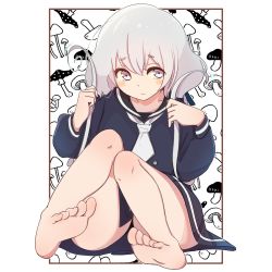 Rule 34 | 1girl, bare legs, barefoot, black sailor collar, blue eyes, blush stickers, carrion1129, dress, feet, food print, highres, konno junko, long sleeves, low twintails, mushroom print, sailor collar, sailor dress, sitting, soles, solo, thighs, toes, twintails, white hair, white neckwear, zombie land saga