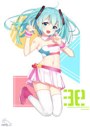 Rule 34 | 1girl, absurdres, blue eyes, blue hair, blush, breasts, cleavage, dated, full body, hatsune miku, highres, large breasts, long hair, looking at viewer, navel, open mouth, peng yong, signature, skirt, smile, solo, thighhighs, twintails, v, vocaloid, white skirt, white thighhighs