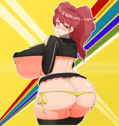 1girl absurdres ass bikini bikini_bottom_only blush breasts brown_eyes brown_hair curvy female_focus from_behind gibberish_(gibbergerm) highres huge_ass huge_breasts impossible_clothes kujikawa_rise long_hair looking_at_viewer looking_back matching_hair/eyes nipple_slip nipples persona persona_4 skindentation solo thick_thighs thighhighs thighs twintails underboob