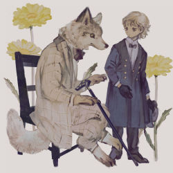 Rule 34 | 1boy, animal, black footwear, black neckwear, blue jacket, bow, bowtie, buttons, cane, chair, claws, clothed animal, double-breasted, flower, full body, gloves, hat, unworn hat, unworn headwear, highres, holding, holding clothes, holding hat, jacket, long jacket, long sleeves, original, pants, plaid, plaid jacket, plaid pants, shirt, shoes, short hair, simple background, sitting, standing, tail, tono (rt0no), white hair, white shirt, wolf, yellow eyes