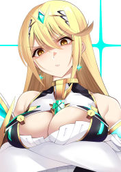 Rule 34 | 1girl, arms under breasts, bare shoulders, blonde hair, breasts, chest jewel, cleavage, cleavage cutout, clothing cutout, crossed arms, daive, dress, earrings, elbow gloves, from below, glaring, gloves, hair between eyes, highres, jewelry, large breasts, long hair, looking at viewer, looking down, mythra (xenoblade), scowl, short dress, swept bangs, tiara, very long hair, white dress, white gloves, xenoblade chronicles (series), xenoblade chronicles 2, yellow eyes