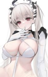 Rule 34 | 1girl, alternate costume, azur lane, between breasts, bikini, black choker, bottomless, bow, breasts, choker, cleavage, elbow gloves, finger to mouth, formidable (azur lane), g home, gloves, grin, hair bow, hand up, headdress, highres, large breasts, long hair, looking at viewer, navel, red eyes, simple background, skindentation, smile, solo, stomach, string bikini, swimsuit, twintails, unfinished, upper body, very long hair, white background, white bikini, white gloves, white hair