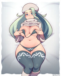 Rule 34 | 1girl, absurdres, artist name, bed sheet, black bra, black panties, blue eyes, boots, border, bra, breasts, closed mouth, covering breasts, covering privates, cowboy shot, creatures (company), game freak, grey hair, grey thighhighs, hat, highres, large breasts, long hair, looking at viewer, lying, mature female, melony (pokemon), navel, nintendo, on back, panties, pokemon, pokemon swsh, satelyte, shiny skin, smile, solo, sweater, thighhighs, turtleneck, underwear, white border, white footwear, white hat, white sweater