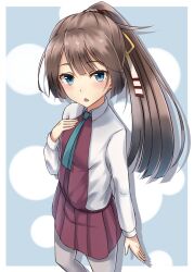 Rule 34 | 1girl, aqua necktie, blue eyes, blush, brown hair, commentary, dress, grey pantyhose, hair ribbon, hand on own chest, highres, kantai collection, kazagumo (kancolle), long hair, looking at viewer, necktie, open mouth, pantyhose, pleated dress, ponytail, purple dress, ribbon, school uniform, shirt, solo, white shirt, yakob labo