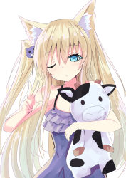 Rule 34 | 2girls, animal ear fluff, animal ears, bare arms, bare shoulders, blonde hair, blue dress, blue eyes, blush, closed mouth, commentary request, dress, frilled dress, frills, hair between eyes, hair ornament, highres, hizaka, long hair, looking at viewer, multiple girls, hugging object, one eye closed, one side up, original, simple background, sleeveless, sleeveless dress, stuffed animal, stuffed cow, stuffed toy, very long hair, w, white background