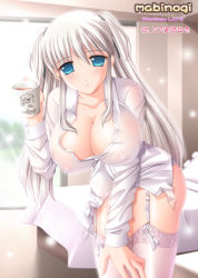 Rule 34 | 1girl, blue eyes, breasts, bursting breasts, cleavage, dress shirt, garter belt, hair ribbon, highres, huge breasts, kafu (logaemon), lace, lace-trimmed legwear, lace trim, lingerie, long hair, mabinogi, nao (mabinogi), nipples, panties, ribbon, see-through, shirt, silver hair, smile, solo, thighhighs, twintails, unbuttoned, underwear, white thighhighs
