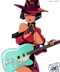 Rule 34 | 1girl, arc system works, bad id, bad tumblr id, bare shoulders, beckoning, black hair, blue eyes, boots, breasts, cleavage, cosplay, d-ryuu, dark-skinned female, dark skin, electric guitar, eliza (skullgirls), fingerless gloves, gloves, guilty gear, guitar, halterneck, hat, holding, i-no, i-no (cosplay), instrument, koala, large breasts, lips, lipstick, makeup, miniskirt, nail polish, red hat, short hair, simple background, skirt, skull, skullgirls, solo, thigh boots, thighhighs, watermark, web address, white background, witch hat