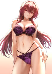 Rule 34 | 1girl, arms at sides, blush, bra, breasts, brown hair, check commentary, cleavage, commentary request, cowboy shot, fate/grand order, fate (series), female focus, gluteal fold, gradient background, hair between eyes, hair intakes, hair over shoulder, highres, lace, lace-trimmed bra, lace bra, lace panties, lace trim, large breasts, lingerie, long hair, mashuu (neko no oyashiro), multi-strapped panties, navel, panties, parted lips, purple bra, purple hair, purple panties, red eyes, scathach (fate), simple background, solo, standing, underwear, underwear only