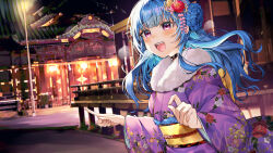 1girl :d absurdres blue_hair blunt_bangs blush commentary_request commission dreamin_(vtuber) floral_print floral_print_kimono flower fur-trimmed_kimono fur_trim hair_flower hair_ornament hands_up highres indie_virtual_youtuber japanese_clothes kimono long_hair long_sleeves looking_at_viewer night obi open_mouth outdoors print_kimono purple_eyes purple_kimono red_flower red_rose rose sash shrine skeb_commission smile solo virtual_youtuber yam_(yamap_mako)