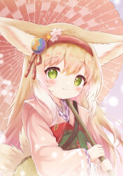 Rule 34 | 1girl, absurdres, animal ear fluff, animal ears, arknights, blonde hair, blush, closed mouth, commentary request, flower, fox ears, fox girl, fox tail, green eyes, hair between eyes, hair flower, hair ornament, hairband, highres, holding, holding umbrella, japanese clothes, kimono, kitsune, kyuubi, long hair, long sleeves, looking at viewer, multicolored hair, multiple tails, obi, official alternate costume, oil-paper umbrella, pink kimono, red hairband, red umbrella, sash, smari ibis, solo, suzuran (arknights), suzuran (yukibare) (arknights), tail, two-tone hair, umbrella, upper body, white hair, wide sleeves
