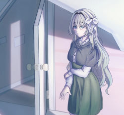 Rule 34 | 1girl, absurdres, an-94 (girls&#039; frontline), blue eyes, bow, doorway, dress, girls&#039; frontline, green dress, hair bow, highres, long hair, long sleeves, mkhaggar, open door, silver hair, solo, standing, white bow