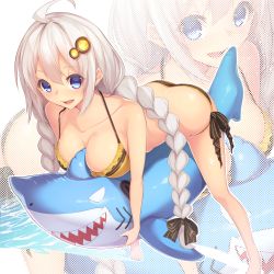 Rule 34 | 1girl, :d, ass, bent over, bikini, blue eyes, blush, braid, breasts, butt crack, cleavage, commentary request, hair ornament, hair ribbon, hairpin, hetaren (ramark), highres, inflatable shark, inflatable toy, kizuna akari, long hair, looking at viewer, medium breasts, open mouth, ribbon, silver hair, smile, solo, swimsuit, twin braids, twintails, very long hair, vocaloid, voiceroid