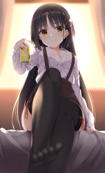 Rule 34 | 1girl, :q, aria (koiiroharemoyou), backlighting, bad id, bad pixiv id, black hair, black thighhighs, blurry, blurry background, blush, breasts, brown eyes, brown skirt, cafe stella to shinigami no chou, can, cleavage, closed mouth, collared shirt, commentary request, curtains, depth of field, dress shirt, flower, hair flower, hair ornament, hair ribbon, hairclip, highres, holding, holding can, indoors, knees together feet apart, legs, long hair, long sleeves, medium breasts, mole, mole under eye, no shoes, pink ribbon, ribbon, ribbon-trimmed thighhighs, ribbon trim, rose, shiki natsume, shirt, skirt, smile, solo, sunlight, sunset, suspender skirt, suspenders, thighhighs, tongue, tongue out, very long hair, white flower, white rose, white shirt, window