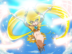Rule 34 | 10s, 1girl, attack, blonde hair, blue background, bow, brooch, cloud, cure sunshine, dress, foreshortening, hair ribbon, heart, heart brooch, heartcatch precure!, long hair, magical girl, midriff, myoudouin itsuki, navel, obui, orange bow, perspective, precure, ribbon, skirt, sky, solo, twintails, very long hair, yellow eyes, yellow skirt