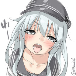 Rule 34 | 10s, 1girl, bad id, bad twitter id, blue eyes, blue hair, breasts, close-up, collarbone, downblouse, ebifurya, eyebrows, flat cap, hair between eyes, hat, hibiki (kancolle), highres, inactive account, kantai collection, long hair, looking at viewer, matching hair/eyes, open mouth, oral invitation, portrait, school uniform, serafuku, sidelocks, simple background, small breasts, solo, teeth, tongue, tongue out, twitter username, white background
