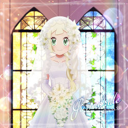 Rule 34 | 1girl, akika 821, alternate hairstyle, artist name, blonde hair, blush, braid, braided ponytail, bride, closed mouth, commentary request, creatures (company), dress, elbow gloves, eyelashes, flower, framed, game freak, gloves, green eyes, highres, holding, holding flower, lens flare, lillie (pokemon), long hair, looking at viewer, nintendo, pokemon, pokemon sm, smile, solo, stained glass, veil, wedding, wedding dress, white dress, white flower, white gloves