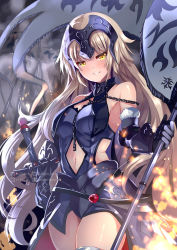 Rule 34 | 1girl, armor, armored dress, bare shoulders, blue dress, blush, breasts, chain, clothing cutout, commentary request, detached sleeves, dress, fate/grand order, fate (series), fur-trimmed sleeves, fur trim, gauntlets, hair between eyes, headpiece, highres, jeanne d&#039;arc (fate), jeanne d&#039;arc alter (avenger) (fate), jeanne d&#039;arc alter (avenger) (third ascension) (fate), jeanne d&#039;arc alter (fate), light brown hair, long hair, long sleeves, medium breasts, navel, navel cutout, parted lips, smile, solo, sword, twitter username, very long hair, weapon, xephonia, yellow eyes