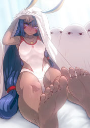 Rule 34 | 1girl, armpits, aya shobon, barefoot, blush, covered navel, dark-skinned female, dark skin, earrings, facial tattoo, fate/grand order, fate (series), feet, foot focus, jewelry, lifting covers, long hair, looking at viewer, medjed (fate), necklace, nitocris (fate), nitocris (fate/grand order), nitocris (swimsuit assassin) (fate), nitocris (swimsuit assassin) (second ascension) (fate), one-piece swimsuit, purple eyes, purple hair, sitting, soles, sweat, swimsuit, tattoo, toes