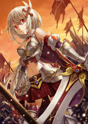 Rule 34 | 1girl, absurdres, armor, armored boots, boots, breasts, cleavage, detached sleeves, dutch angle, eyebrows, gauntlets, hair between eyes, hair ornament, highres, holding, holding sword, holding weapon, ling si, looking at viewer, medium breasts, midriff, navel, original, outdoors, pleated skirt, red eyes, red skirt, short hair, silver hair, skirt, solo, sword, weapon