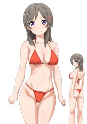 Rule 34 | 1girl, :d, absurdres, ass, bare arms, bare back, bare legs, bare shoulders, bikini, blush, breasts, china moeka, clenched hand, collarbone, commission, gluteal fold, hair ornament, hairclip, halterneck, high school fleet, highres, inoshira, light brown hair, looking at viewer, medium breasts, multiple views, navel, open mouth, pixiv commission, purple eyes, red bikini, sideboob, simple background, sleeveless, smile, swimsuit, thong, thong bikini, underboob, white background
