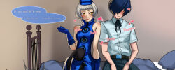 Rule 34 | 1boy, 1girl, bare shoulders, black bow, black bowtie, black pantyhose, blue dress, blue footwear, blue gloves, blue hat, blush, bow, bowtie, breasts, closed mouth, collared shirt, dress, elizabeth (persona), english text, feet out of frame, gloves, grey hair, hair over eyes, hand up, hat, heart, hetero, impossible clothes, impossible dress, indoors, knee up, medium breasts, on bed, paid reward available, pantyhose, parted bangs, persona, persona 3, school uniform, shirt, short hair, sitting, smile, sound effects, speech bubble, swallowszinan, white shirt, yellow eyes, yuuki makoto (persona 3)