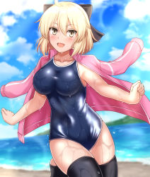 Rule 34 | 1girl, ahoge, alternate costume, beach, black bow, black thighhighs, blonde hair, blue one-piece swimsuit, blurry, blurry background, bow, breasts, cloud, collarbone, competition school swimsuit, day, fate/grand order, fate (series), hair bow, half updo, jacket, jacket on shoulders, large breasts, long sleeves, medium breasts, medium hair, okita souji (fate), okita souji (koha-ace), one-piece swimsuit, open clothes, open jacket, open mouth, outdoors, school swimsuit, sky, solo, standing, standing on one leg, stirrup legwear, swimsuit, thighhighs, toeless legwear, wet, yellow eyes, zanntetu