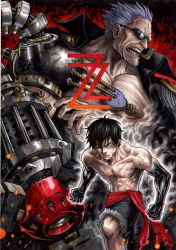 Rule 34 | 2boys, absurdres, arm cannon, aura, black hair, character name, clenched hands, epaulettes, facial hair, fur trim, gear second, highres, jacket, jacket on shoulders, kiseru, male focus, mechanical arms, monkey d. luffy, multiple boys, muscular, one piece, one piece film: z, purple hair, sash, scar, shorts, signature, single mechanical arm, smoking pipe, stubble, sunglasses, takumi (marlboro), topless male, veins, weapon, zephyr (one piece)