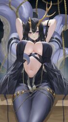 Rule 34 | 1girl, absurdres, antlers, arms up, azur lane, black hair, breast curtains, breasts, center opening, chain, cleavage, from below, golden hind (azur lane), hair between eyes, highres, horns, huge breasts, large breasts, long hair, looking at viewer, purple eyes, solo, tentacles, tongue, tongue out, underboob, user vzzn2855, very long hair