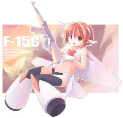 Rule 34 | 1girl, ak-47, armor, assault rifle, bikini armor, black thighhighs, blush, brown eyes, commentary request, emurin, english text, engrish text, f-15 eagle, flat chest, full body, gloves, gun, hair between eyes, heart, holding, holding gun, holding weapon, jet engine, kalashnikov rifle, looking at viewer, mecha musume, midriff, navel, open mouth, orange hair, original, outline, personification, pointy ears, ranguage, rifle, short hair, smile, solo, sunset, thighhighs, weapon, white gloves, white outline
