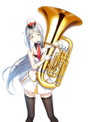 Rule 34 | 1girl, band uniform, bare shoulders, black thighhighs, breasts, buttons, cleavage cutout, closed eyes, closers, clothing cutout, collared jacket, double-breasted, facing viewer, feet out of frame, fold-over gloves, gloves, grey hair, hat, head tilt, highres, holding, holding instrument, hugging object, instrument, jacket, legs apart, long hair, marching band, mini shako cap, miniskirt, necktie, official art, parted bangs, pleated skirt, ponytail, red necktie, shako cap, sidelocks, skirt, sleepy, sleeveless, sleeveless jacket, small breasts, solo, squeans, standing, thighhighs, tina (closers), triangle mouth, tuba, uniform, very long hair, white background, white gloves, white hat, white jacket, white skirt, wing collar, zettai ryouiki