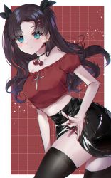 Rule 34 | 1girl, bare shoulders, black hair, black skirt, black thighhighs, blue eyes, blush, border, breasts, choker, closed mouth, collarbone, cropped shirt, fate/stay night, fate (series), hair ornament, hairclip, highres, long hair, looking at viewer, medium breasts, midriff, navel, off-shoulder shirt, off shoulder, poho, red background, red shirt, shirt, skirt, smile, solo, thighhighs, thighs, tohsaka rin, two side up, white border