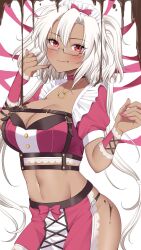 Rule 34 | 1girl, :q, alternate costume, blush, breasts, chocolate, chocolate on body, chocolate on breasts, choker, cleavage, crop top, dark-skinned female, dark skin, food, food on body, food on face, frills, glasses, hair between eyes, heart, heart necklace, highres, jewelry, kantai collection, large breasts, long hair, looking at viewer, musashi (kancolle), nail polish, necklace, panties, pink choker, pink nails, red eyes, side slit, simple background, skirt, solo, tongue, tongue out, twintails, underwear, very long hair, white hair, yomogi dango