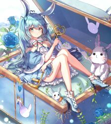 Rule 34 | 1girl, ahoge, animal ears, aqua eyes, aqua hair, blue capelet, blue dress, blue flower, blue footwear, blue ribbon, blue rose, breasts, capelet, carrot, cleavage, closed mouth, commentary request, cushion, double-parted bangs, dress, flower, frilled dress, frilled footwear, frills, full body, fur-trimmed capelet, fur trim, hair between eyes, hair ribbon, hatsune miku, heart, heart ahoge, high heels, highres, holding, holding key, iop5509, key, light blush, long hair, looking at viewer, plant, rabbit, rabbit ears, ribbon, ribbon-trimmed dress, rose, small breasts, solo, thighs, treasure chest, twintails, very long hair, vocaloid, white background