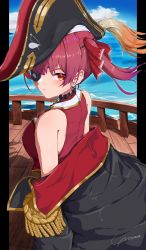 Rule 34 | 1girl, absurdres, bare shoulders, black coat, black hat, closed mouth, coat, eyepatch, from side, hair ribbon, hat, highres, hololive, houshou marine, jacket, ocean, off shoulder, pillarboxed, pirate hat, red eyes, red hair, red jacket, red ribbon, ribbon, ship, sleeveless, sleeveless jacket, solo, virtual youtuber, watercraft, yo na