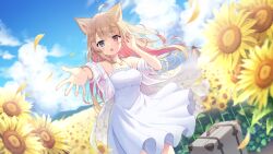 Rule 34 | 1girl, :o, ahoge, animal ear fluff, animal ears, blonde hair, blue eyes, blue sky, blush, bracelet, cloud, colored inner hair, day, dog ears, dog girl, dress, dutch angle, earrings, falling petals, field, floating hair, flower, flower earrings, flower field, hair ornament, heterochromia, highres, inumaki himari, jewelry, long hair, looking at viewer, multicolored hair, necklace, off shoulder, outstretched arms, petals, pink hair, purple eyes, second-party source, see-through, see-through shirt, sky, solo, suitcase, sundress, sunflower, sunflower field, two-tone hair, virtual youtuber, wactor production, white dress, wind, windmill, x hair ornament, yellow flower, yoshino saku