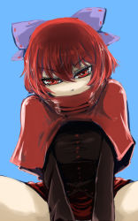 Rule 34 | 1girl, black shirt, blouse, blue background, blush, bow, breasts, cape, face, ginji (sakaki summer), hair bow, high collar, long sleeves, looking at viewer, medium breasts, microskirt, red eyes, red hair, sekibanki, shirt, short hair, simple background, skirt, solo, spread legs, squatting, thighs, touhou
