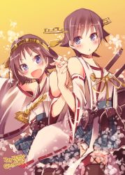 Rule 34 | 10s, blue eyes, brown hair, dual persona, hairband, hiei (kancolle), highres, holding hands, kantai collection, n:go, nontraditional miko, short hair, smile