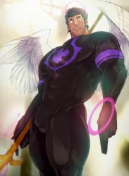 Rule 34 | 1boy, angel, angel wings, bara, beard, black hair, bodysuit, bulge, columns ke, covered abs, covered erect nipples, cowboy shot, facial hair, halo, large pectorals, looking at viewer, male focus, manly, muscular, nether angel (housamo), pectorals, simple background, skin tight, solo, thick eyebrows, thick thighs, thighs, tokyo houkago summoners, upper body, wings