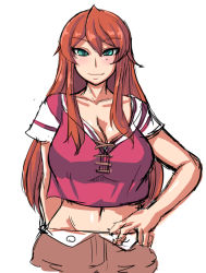 Rule 34 | 1girl, blue eyes, breasts, character request, cleavage, female focus, groin, large breasts, long hair, midriff, navel, pants, red hair, shirt, simple background, sketch, solo, source request, standing, umigarasu (magipro), upper body, white background