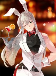 Rule 34 | 1boy, animal ears, bare shoulders, bedivere (fate), belt, black belt, black shirt, bow, bowtie, braid, coattails, cocktail, cocktail glass, cowboy shot, cup, drink, drinking glass, fate/grand order, fate (series), food, green eyes, grey hair, haerin u, lens flare, long hair, male focus, one eye closed, pants, ponytail, prosthesis, prosthetic arm, rabbit ears, rabbit tail, red bow, red bowtie, shirt, solo, tail, vest, white pants, white vest, wrist cuffs