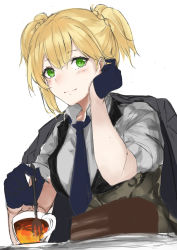 Rule 34 | 1girl, adjusting hair, blonde hair, cake, cake slice, collared shirt, commentary request, cup, food, girls&#039; frontline, gloves, green eyes, half gloves, highres, jacket, jacket on shoulders, looking at viewer, marche mk14, necktie, shirt, short hair, simple background, sleeves rolled up, smile, solo, tea, teacup, upper body, vest, welrod mkii (girls&#039; frontline), white background, white shirt