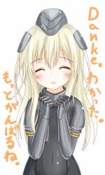 Rule 34 | 10s, 1girl, blonde hair, blush, covered navel, cropped jacket, closed eyes, garrison cap, hat, highres, kantai collection, langley1000, long hair, long sleeves, military, military uniform, open mouth, puffy long sleeves, puffy sleeves, solo, translation request, u-511 (kancolle), uniform