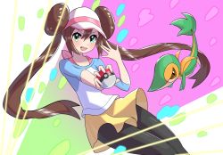 Rule 34 | 1girl, absurdres, aimubaniran, black pantyhose, blush, brown hair, commentary request, creatures (company), double bun, game freak, gen 5 pokemon, green eyes, hair bun, hand up, highres, long hair, looking at viewer, nintendo, open mouth, outstretched arm, pantyhose, pantyhose under shorts, poke ball, poke ball (basic), pokemon, pokemon (creature), pokemon bw2, raglan sleeves, rosa (pokemon), short shorts, shorts, smile, snivy, teeth, tongue, twintails, two-tone headwear, upper teeth only, very long hair, visor cap, yellow shorts