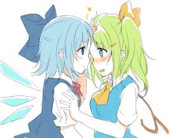 Rule 34 | 2girls, ascot, blue eyes, blue hair, blush, bow, cirno, colorized, daiyousei, fairy wings, forehead-to-forehead, fujishiro emyu, green hair, hair bow, hair ornament, hair ribbon, hairclip, heads together, ice, ice wings, imminent kiss, looking at another, multiple girls, open mouth, profile, puffy sleeves, ribbon, short hair, short sleeves, side ponytail, simple background, sketch, star (symbol), sweat, touhou, vest, white background, wings, yuri