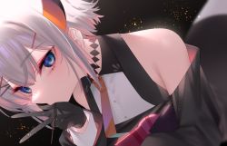 Rule 34 | 1girl, 7zu7, bare shoulders, black choker, black gloves, blue eyes, choker, collared shirt, commentary request, food in mouth, gloves, hair between eyes, hair ornament, hairclip, highres, horns, levi elipha, looking at viewer, necktie, nijisanji, orange necktie, pocky, pocky in mouth, shirt, short hair with long locks, silver hair, sleeveless, sleeveless shirt, solo, v, virtual youtuber, x hair ornament