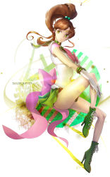 Rule 34 | 1girl, bare legs, bishoujo senshi sailor moon, boots, bow, brown hair, character name, choker, circlet, cross-laced footwear, earrings, elbow gloves, full body, gloves, green eyes, green footwear, green skirt, hair bobbles, hair ornament, high heel boots, high heels, high ponytail, highres, jewelry, kino makoto, long hair, miniskirt, nal (nal&#039;s pudding), own hands together, parted bangs, pink bow, pleated skirt, ponytail, sailor jupiter, shoes, sitting, skirt, smile, solo, star (symbol), stud earrings, super sailor jupiter, white gloves