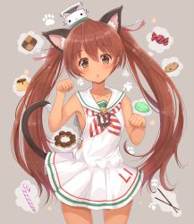 Rule 34 | 10s, 1girl, animal ears, bell, brown eyes, brown hair, candy, candy cane, candy wrapper, cat ears, cat tail, checkerboard cookie, chestnut mouth, cookie, dark-skinned female, dark skin, doughnut, dress, food, hair ribbon, hat, highres, jingle bell, kagerou (shadowmage), kantai collection, kemonomimi mode, libeccio (kancolle), long hair, macaron, open mouth, paw pose, paw print, pocky, pudding, ribbon, sailor dress, solo, sweets, tail, twintails